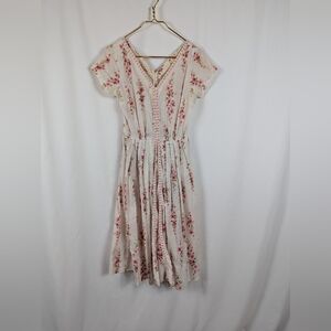 R&K Originals Vintage White Pink Floral Dress Swiss Dot Lace Garden Party 60-70s